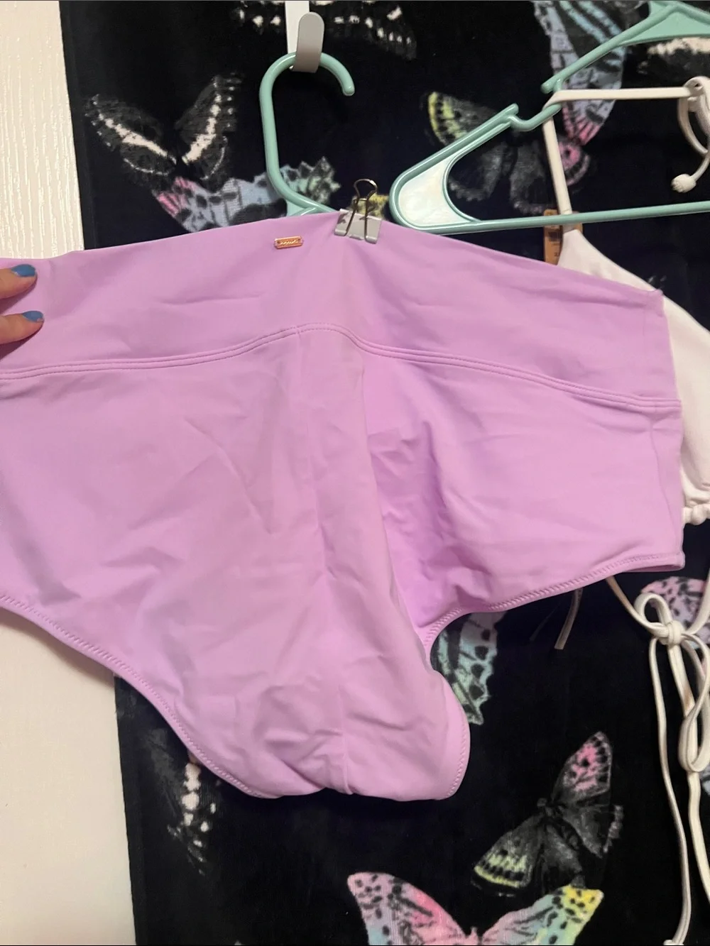 PINK vs lavender bikini with pastel butterfly towel